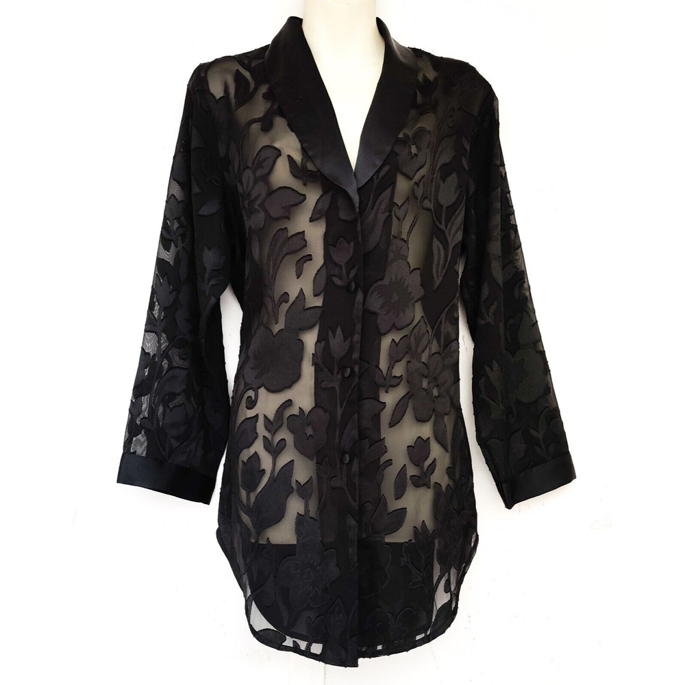 Maidenform Black Sheer See Through Floral Nightgown Sleep Shirt Sexy Size Small